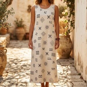 Career Elements Geometric Print Sleeveless Boho Maxi Dress Old Money Luxury Chic